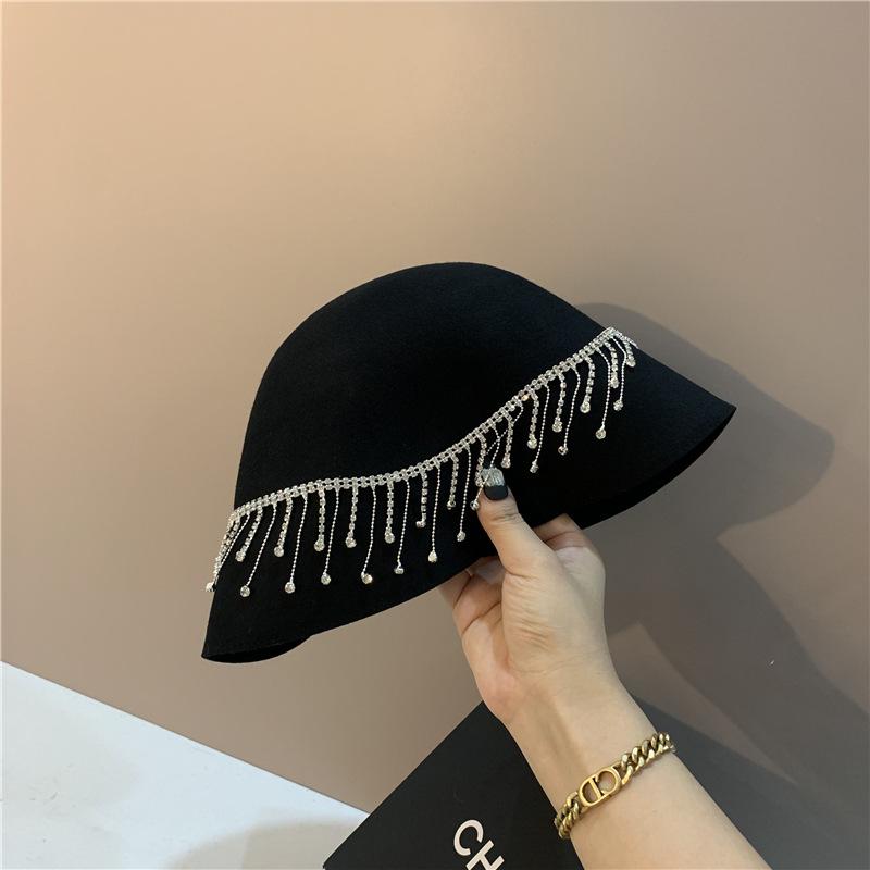 Women's Fashionable Bucket Cap with Diamond Chain Basin Cap Autumn Wool Warm Fisherman Cap