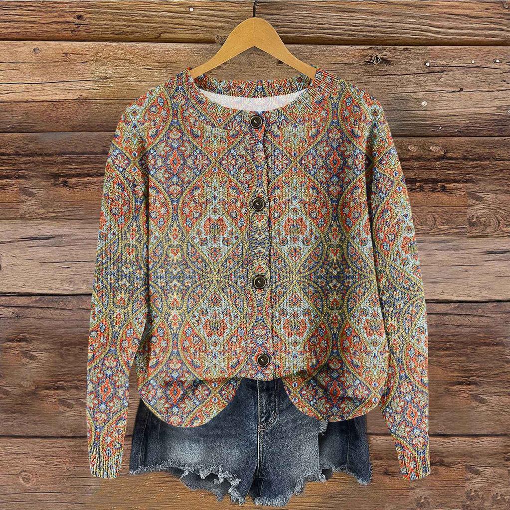 Women's Vintage Knit Button Vintage Print Cardigan Jacket