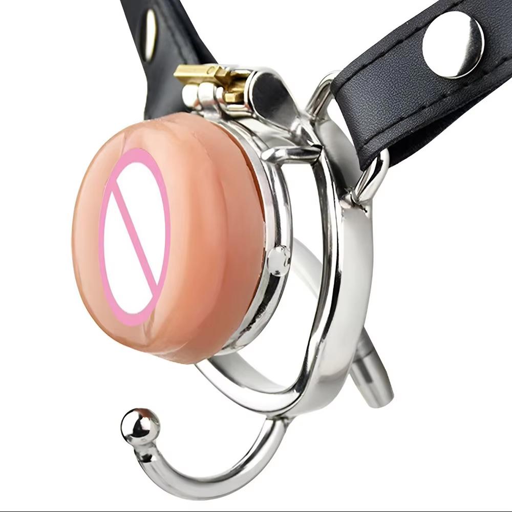 FAAK Strapon Stainless Steel Chastity Device Urinary catheter Flat Cock Cage With Silicone Realistic Clitoris Sex Toys For Men