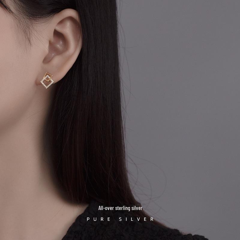 Banyan Tree S925 Silver Geometric Square Zircon Earrings for Women – Simple, Small, and Versatile.