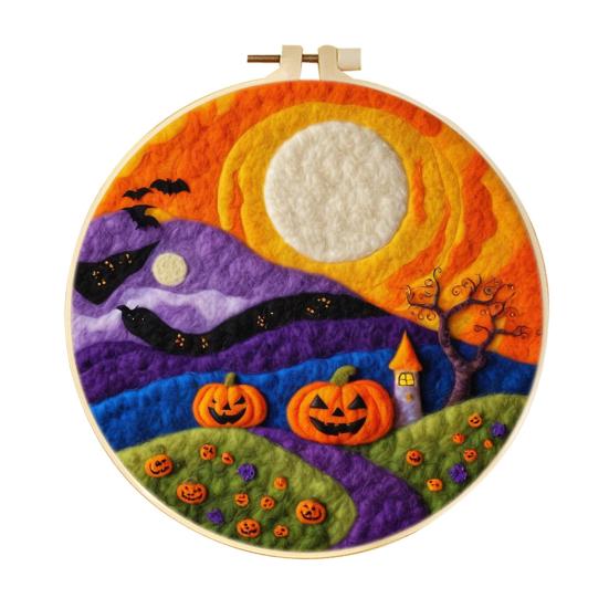 Halloween Needle Felting Kit Beginner Felt Craft Set DIY Felt Painting with Faux Wool Needle Frame Stamped Fabric for Adults Handcraft Lovers