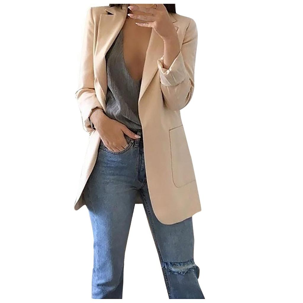 Women Solid Open Front Pockets Cardigan Formal Suit Long Sleeve Blouse Coat