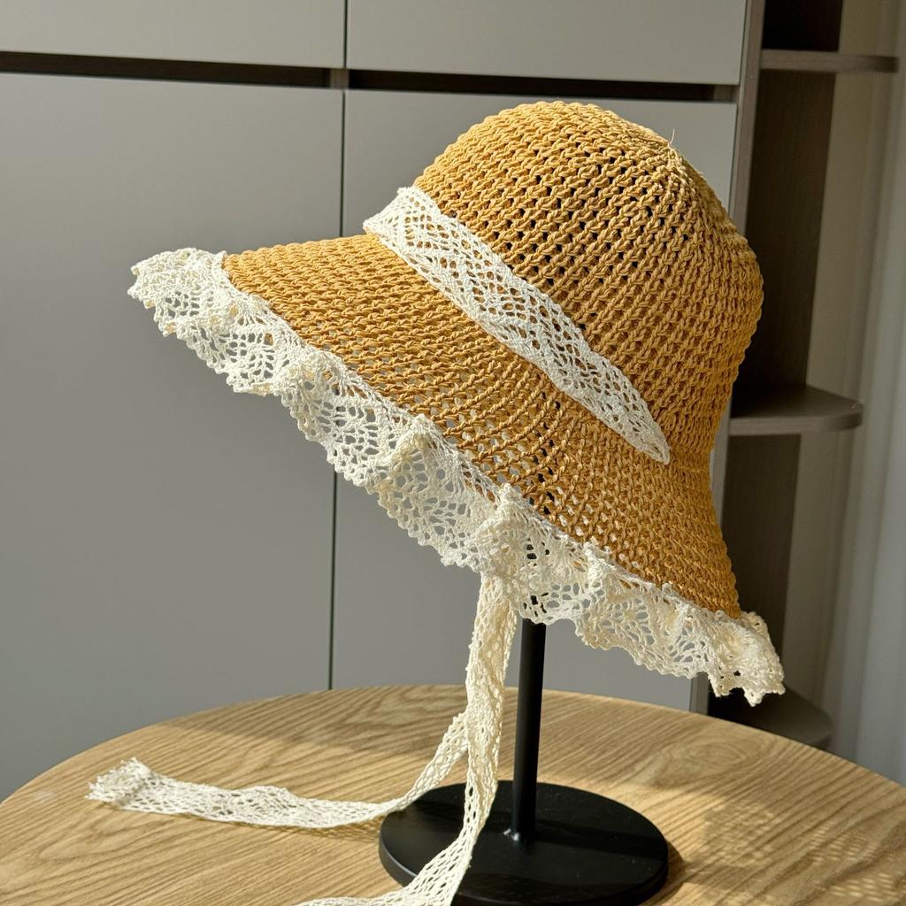 Шляпа из соломы с кружевом и ленточками, женская, весна-лето, дорожная, солнцезащитная, пляжная, пляжная, солнцезащитная шляпа, козырек от солнца