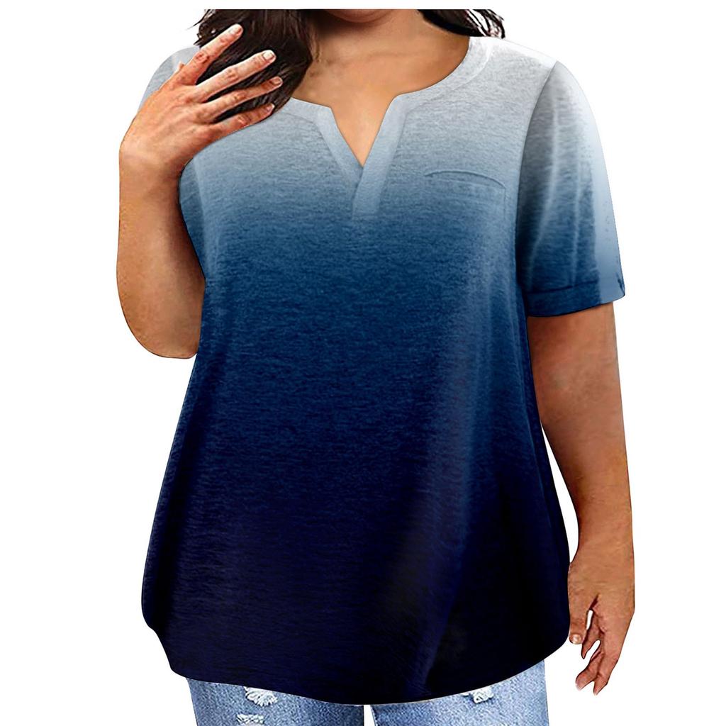 Fashion Plus Size Women's Casual Short Sleeve Round Neck Gradient Print T-shirt With Pockets