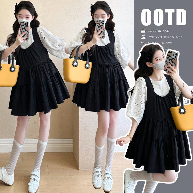 2026 Summer Short Sleeve Hollow Out T-shirt & Reversible U-Neck Doll Dress Maternity Set