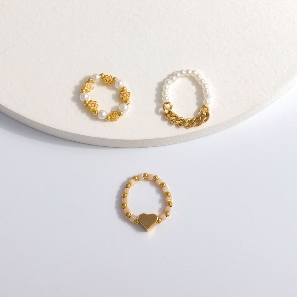 Trendy Cute Bohemia Acrylic Love Heart Pearl Finger Ring Set Party Jewelry Women Ring Beaded Rings