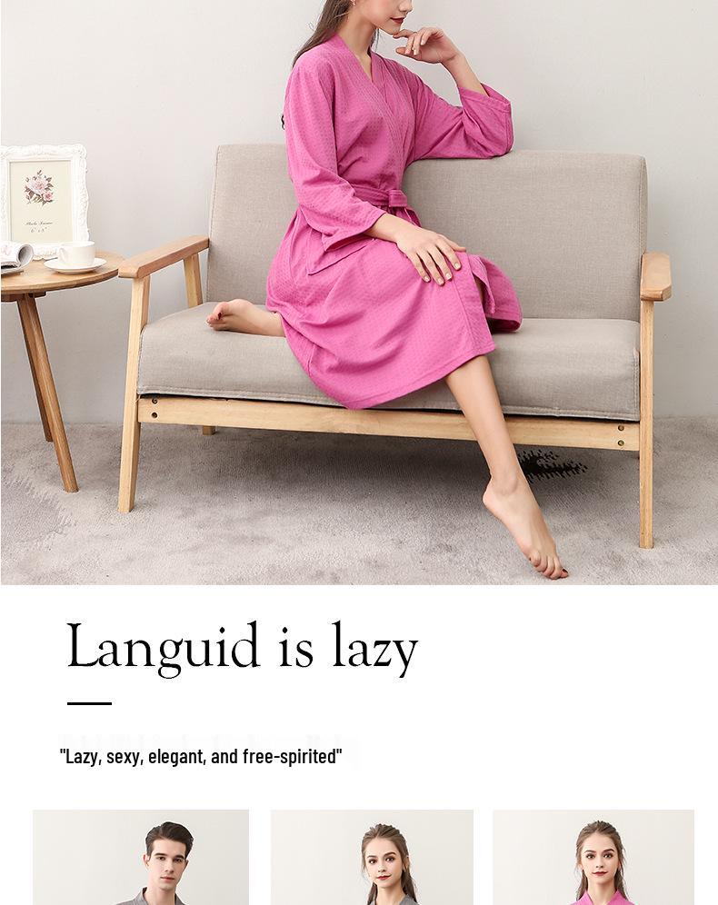 Spring-Summer Waffle Bathrobe: Unisex, Lightweight, 3/4 Sleeves, Korean Style, Absorbent