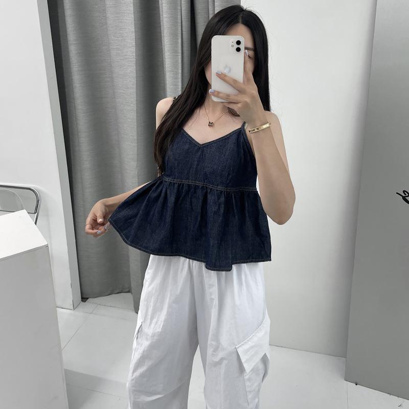 Стильный жилет, элегантность, мода, повседневный, темный деним, V-образный вырез, майка, женская, многослойная, летняя, с оборками, свободная внутренняя короткая безрукавка