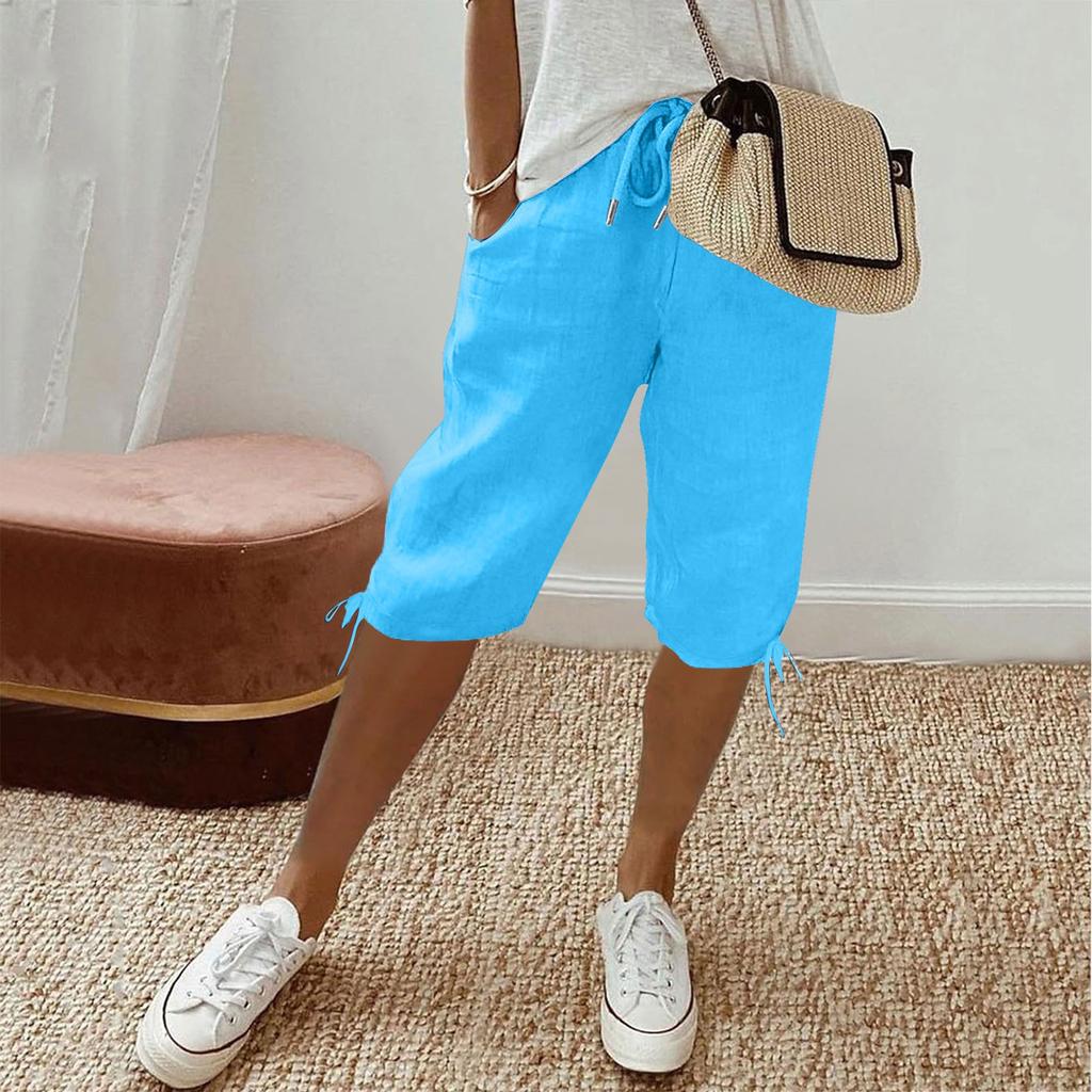 Women's Casual Pockets Elastic Drawstring Casual Pants Leg Drawstring Five Pants Pant
