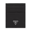 Saffiano Metal Triangle Logo Six Card Slots Leather Card Holder Women's Black