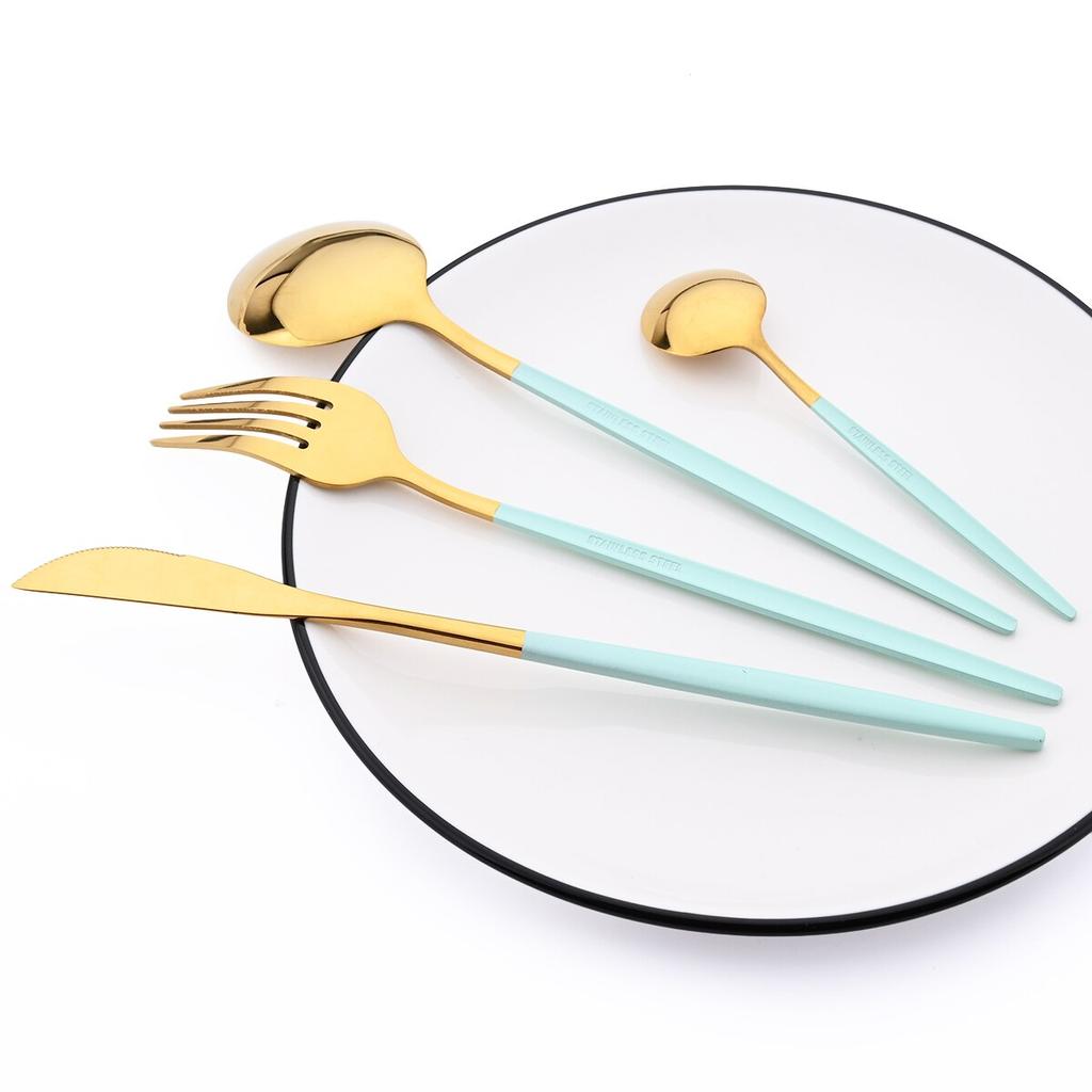 24 шт., мятно-золотой набор столовой посуды, нож, вилка, кофейная ложка, столовые приборы, столовые приборы в стиле вестерн из нержавеющей стали, столовые приборы, столовое серебро