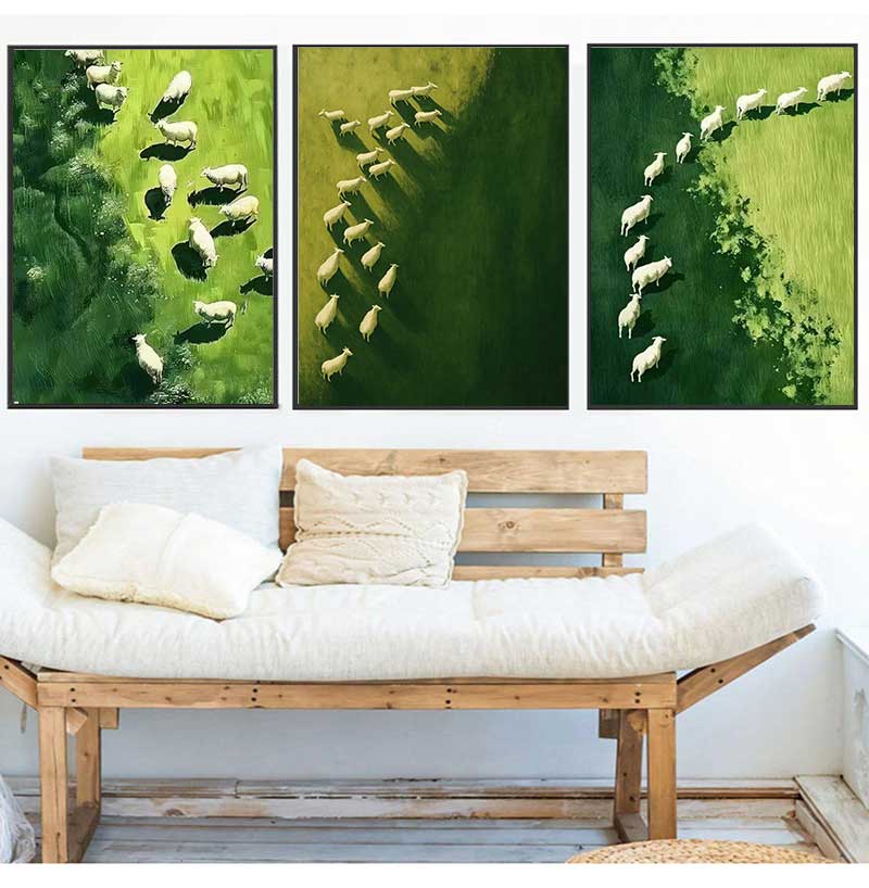 Modern Minimalist Pastoral Frameless Canvas Poster, Green Background with Sheep Herd, Wall Mural for Home Decor
