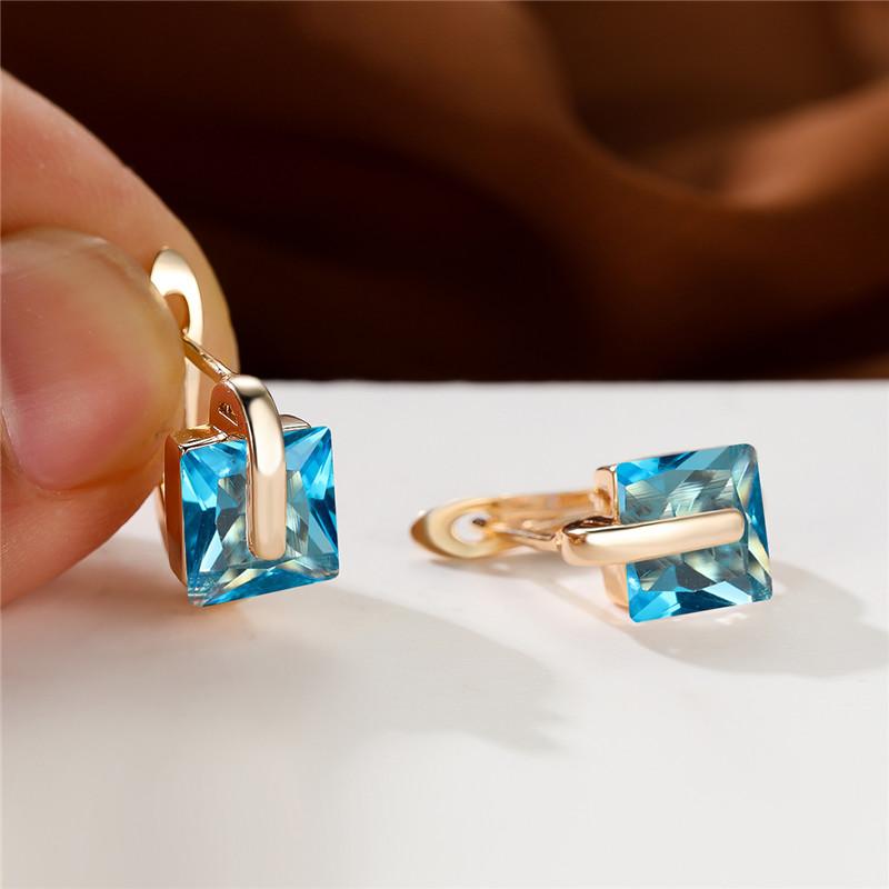 Cute Female Bridal Gold Color Wedding Clip Earrings Luxury Crystal Green Square Stone Jewelry For Women