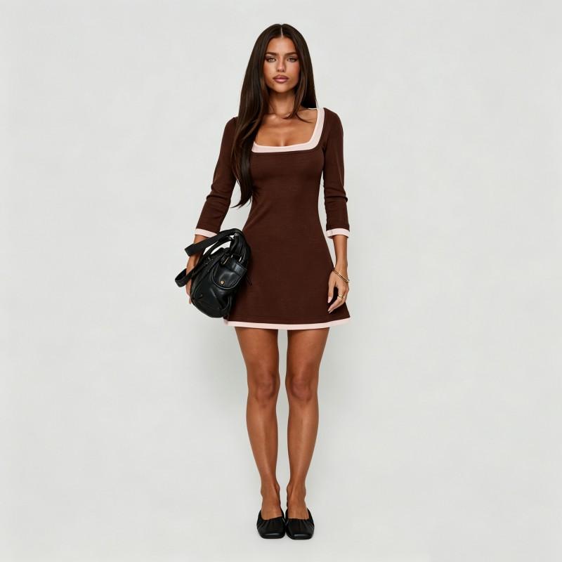 Womens Elegant U-Neck Long Sleeve Knit Dress Slim Fit Short Skirt Fall Winter