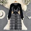 Autumn Winter Women Plaid Knitted Sweater Dress Full Sleeve Knitting Patchwork Fake Two Piece Dresses