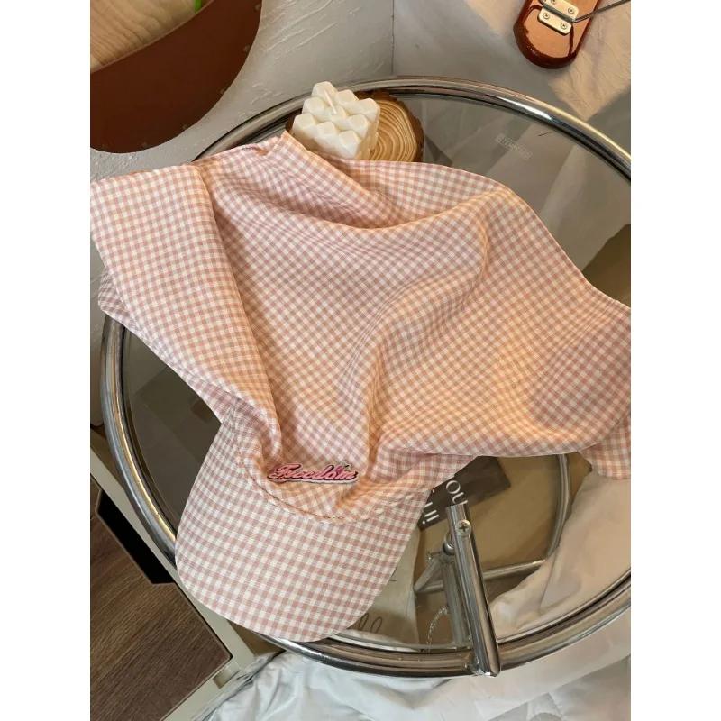 Мятно-зеленые клетчатые шапки-косынки с ремешком для женщин, летние солнцезащитные шапки для путешествий, универсальные модные солнцезащитные шляпы с наклейками