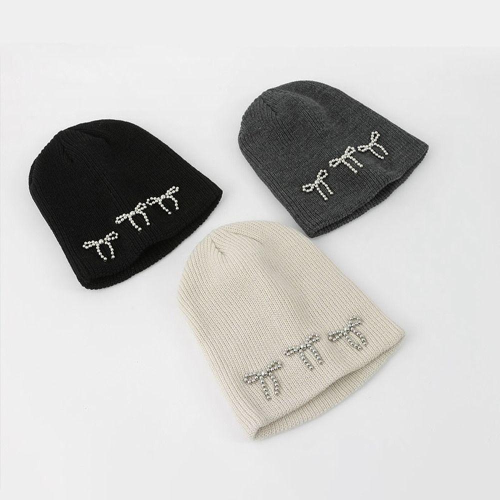 Bowknot Pearl Bow Beanies Wool Hat Knit Cap Casual Knitted Hat Apparel Accessories