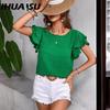 Women's Summer Double Layer Lotus Sleeve Round Neck Style Pullover T-shirt Women