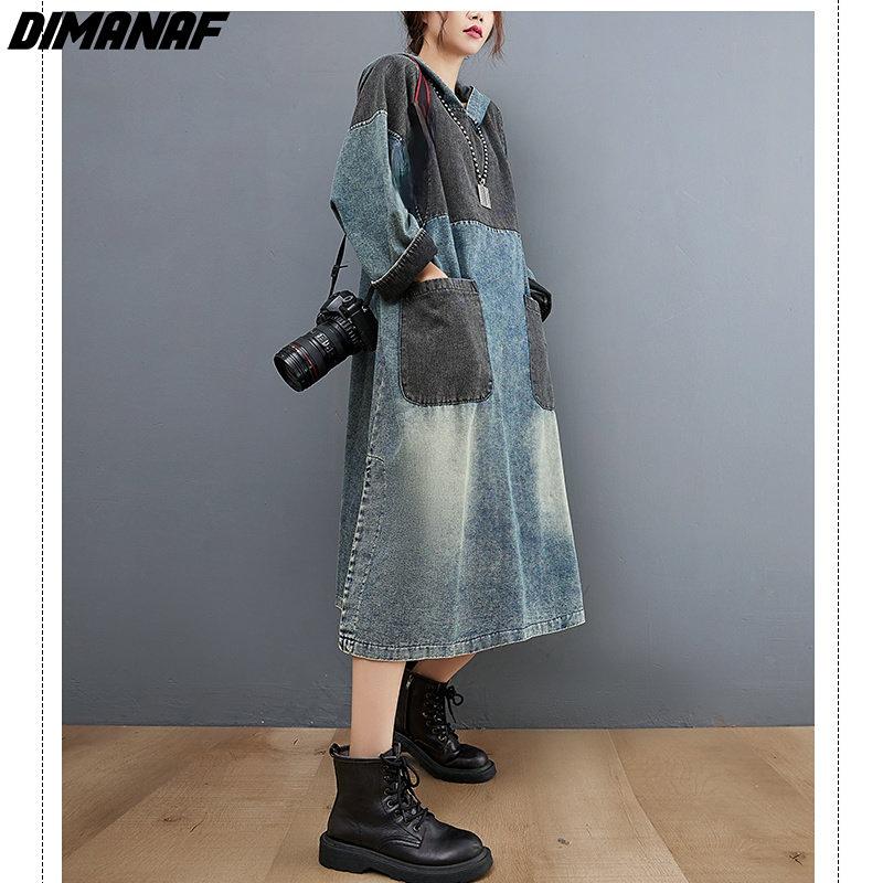 Dimanaf Plus Size Women 2023 Spring Dress Denim Long Sleeve Dress Long Dress Loose Dress Blue Basic Dresses New