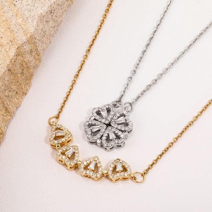 Ожерелье - Подвеска Четырехлистный клевер - Серебристый - Нержавеющая сталь - Кубический цирконий AAA