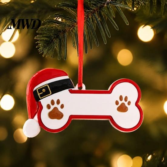 Resin Pet Keepsake for Tree Christmas Ornament, Cute Cat Paw/Bone Shaped Xmas Hanging Decoration Memorial Pendant with Santa Hat Tree, Car Rearview