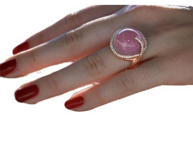 Zhenrong 14K Rose Gold Pink Crystal Moonstone Diamond Ring, European & American Creative Design.
