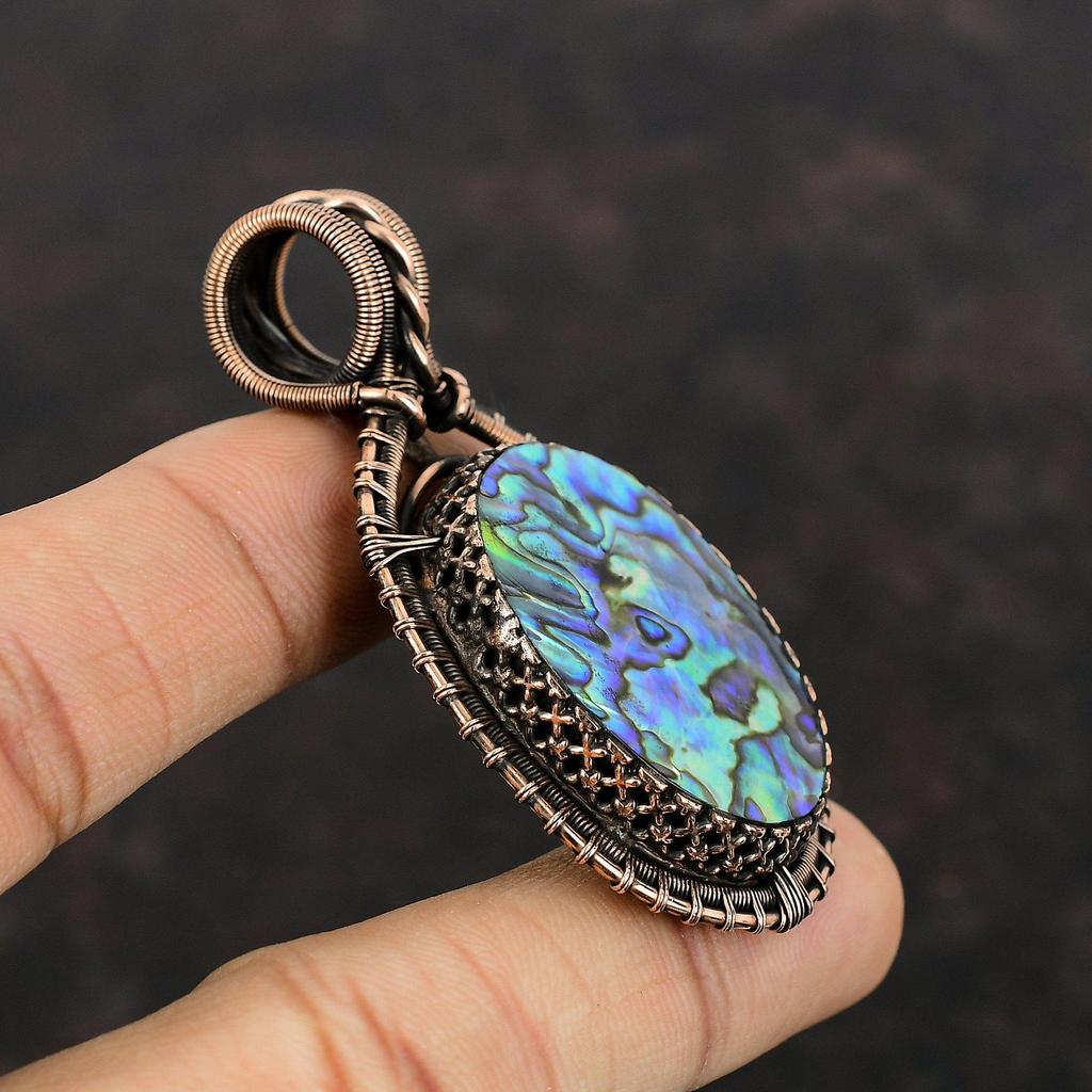 Подвеска из ракушки абалон, подвеска из медной проволоки, ювелирные изделия с драгоценными камнями, кулон ручной работы, уникальные медные ювелирные изделия, подарок для нее, ювелирные изделия с проволочной обмоткой