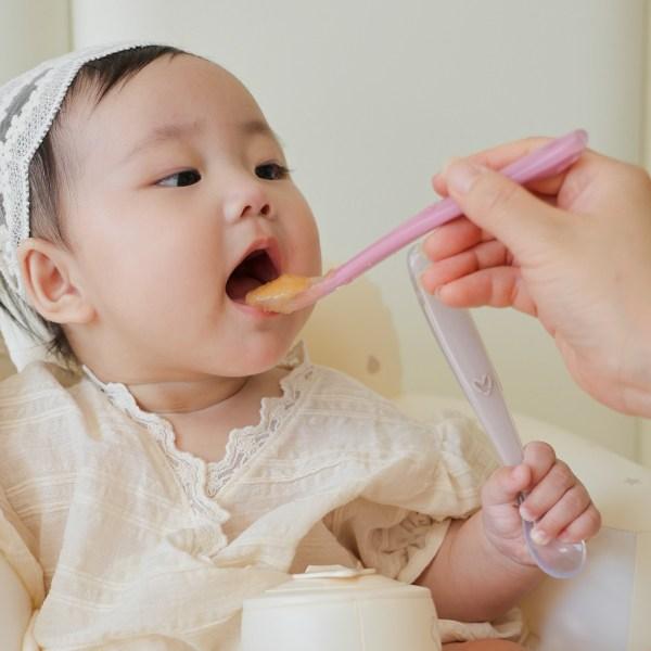 Little Cloud 2 Types of Baby Silicone Heart Baby Food Spoons + Case Set, Sand Beige, Dry Rose, 1 Set