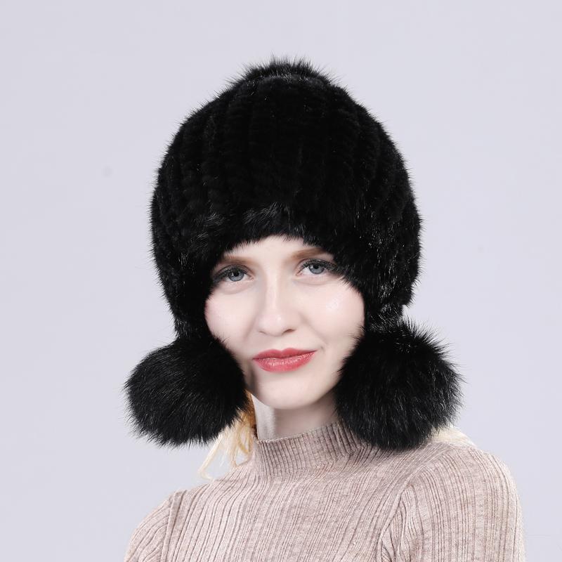 Women Winter Thick Real Mink Fur Hat with Fox Fur Pompoms Knitted Natural Fur Cap Lady Outdoor Warm 100% Real Mink Fur Hats
