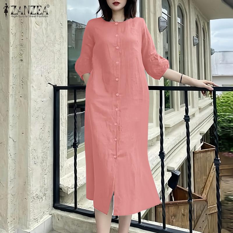 ZANZEA Women Casual Round Neck Solid Color 3/4 Sleeve Loose Dress