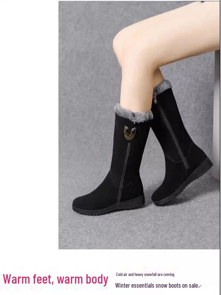 Женские высокие зимние ботинки до середины икры, на бархатной подкладке, нескользящие, легкие, теплые, на плоской подошве.