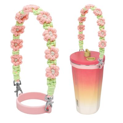 Держатель для стакана для напитков Хлопковая веревка с силиконовым держателем для соломинки Портативный тамблер Милый дизайн с цветами