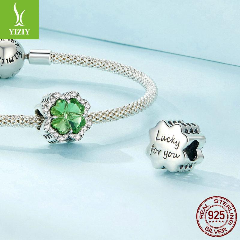 Simple Classic Green Four-Leaf Clover Diy Bracelet Beaded, Fashionable And Versatile S925 Sterling Silver Lucky Beads.