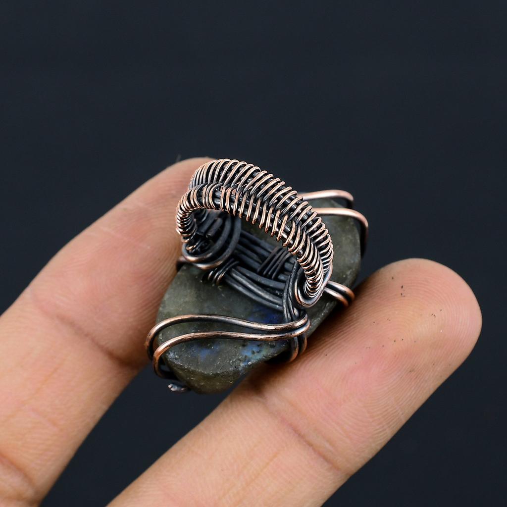 Natural Rough Labradorite Gemstone Handmade Copper Wire Wrap Ring Size 4 N4U44