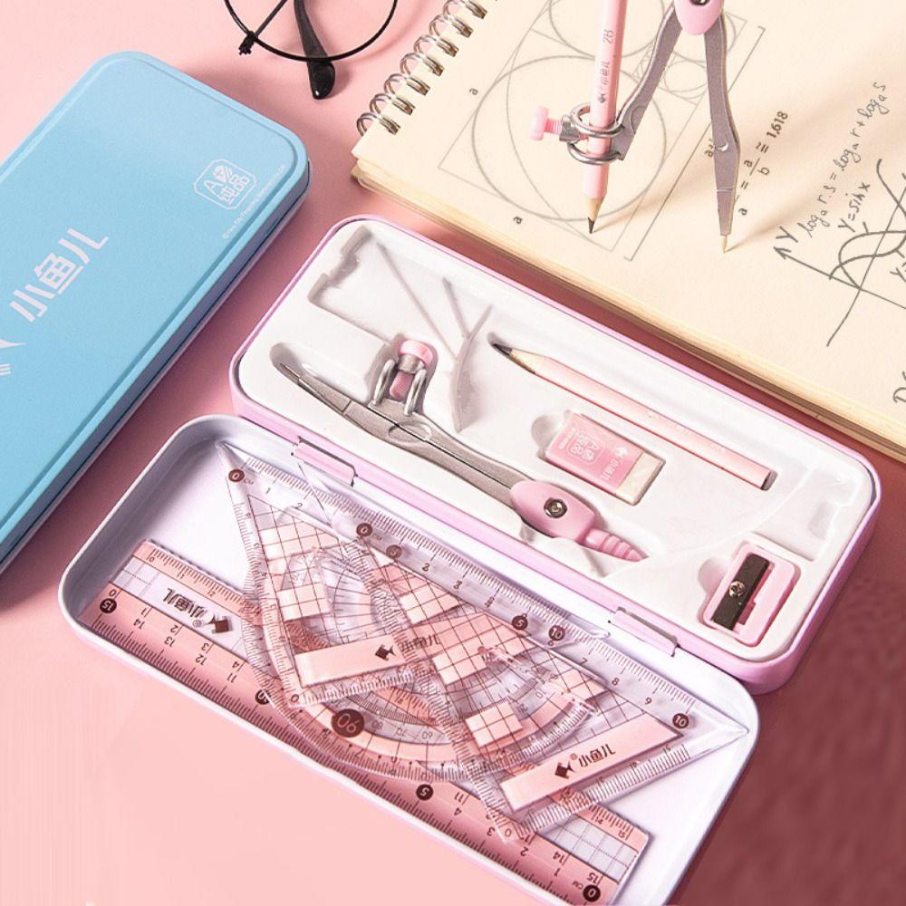 8Pcs/Set Metal Box Ruler Compass Set Multi-Function Drawing Stationery  Students Gifts