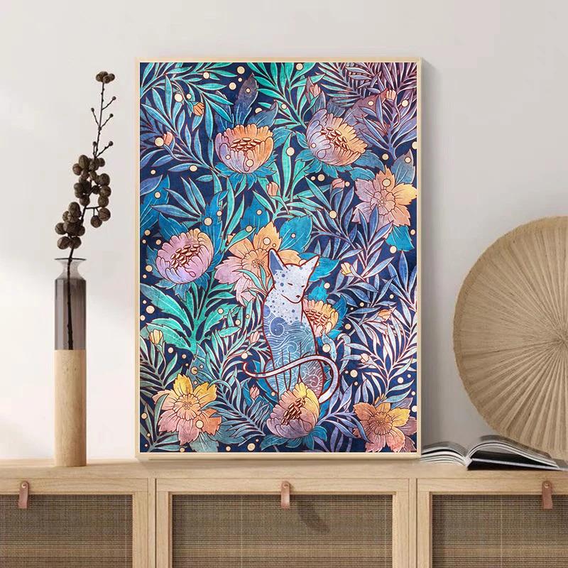 Cats and Flowers Poster Colorful Abstract Tulip Magnolia Roses Canvas Painting Modern Wall Art for Living Room Home Decor
