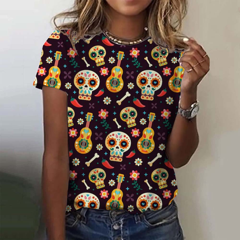Summer Round Neck 3D Colorful Skull Pattern Print Top Fashionable Casual Short Sleeved Women's T-shirts