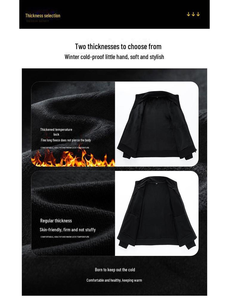 Men's Solid Color Stand Collar Cardigan Sweater with Velvet, Customizable Logo, Spring/Autumn Casual Sports Jacket.