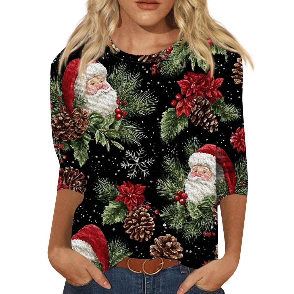 Women's Fashion Casual Round Neck 3/4 Sleeve Loose  Printed T-Shirt Ladies Top