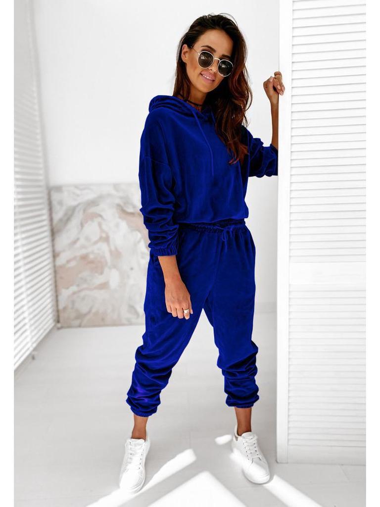 Женский однотонный повседневный костюм из золотистого бархата с капюшоном - Осень/Зима 2021