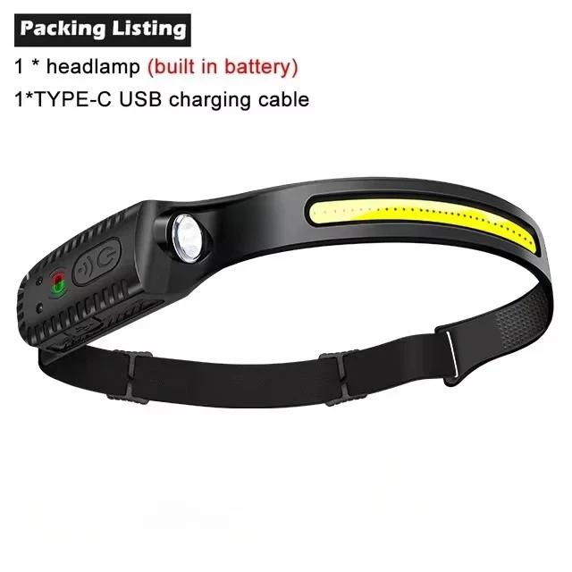 Светодиодный налобный фонарь с зарядкой от USB, встроенный аккумулятор, 5 режимов, фонарь для кемпинга, рыбалки, поиска