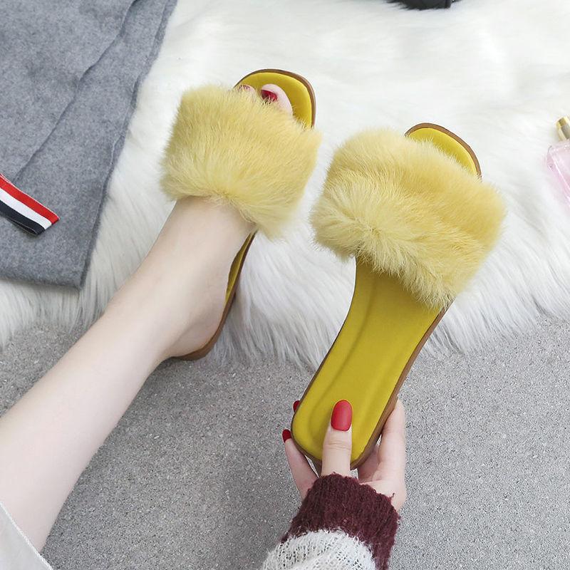 Fashion Bedroom Slides Shoes for Women 2024 Fuzzy Low Heel Summer Soft House Furry Sandals Woman Slippers Green Home Luxury On Promotion