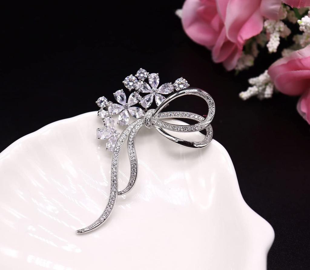 Crystal Cherry Blossom Lovely Diamond Ribbon Flower Corsage for Entrance White Gifts for Comes with Gift Case Brooch, Weddings, Graduations,
