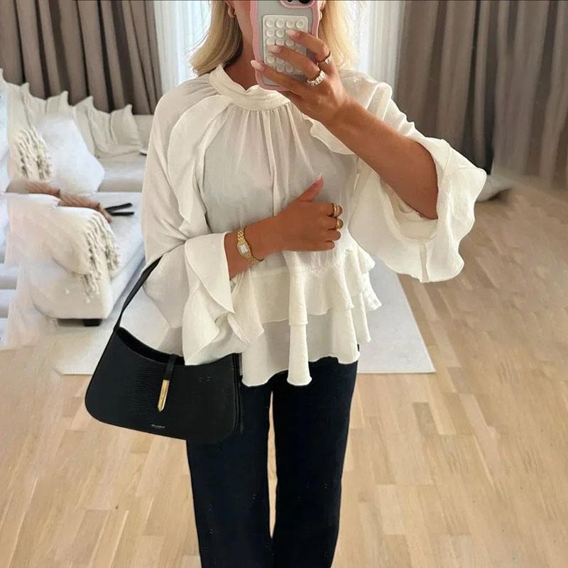 Elegant Long Sleeve Female O Neck Blouses Fashion Chiffon Ruffled Shirts for Women 2025 Spring New Chic Lady Tops Simple Commut