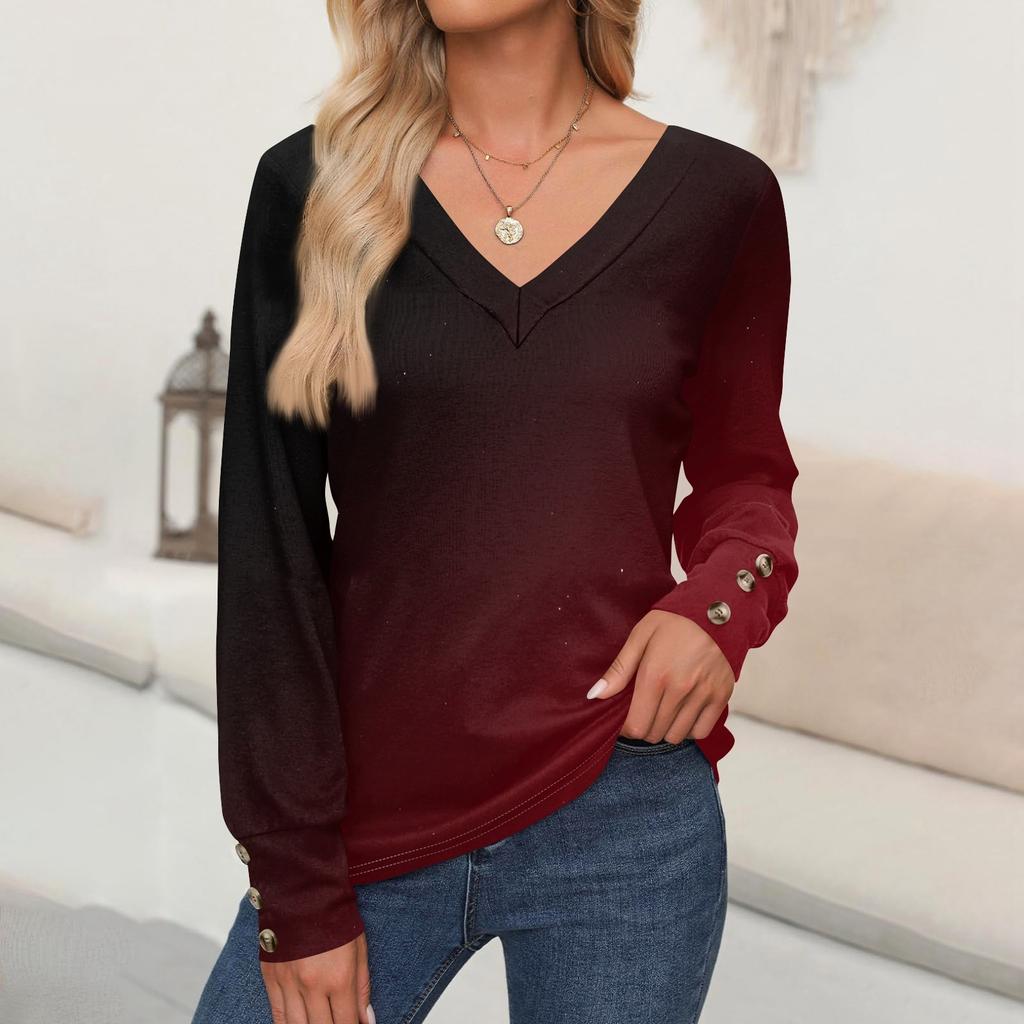 Women's Tops Gradient Printed Long Sleeve Shirt V Neck Casual Loose T-Shirt Autumn Clothing