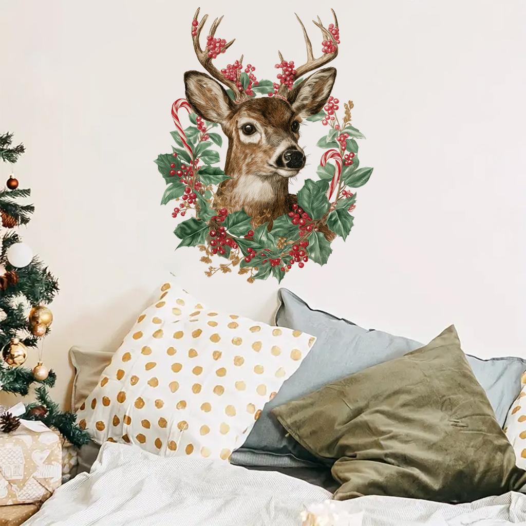 Рождественские наклейки на стену в виде головы оленя, Рождественские наклейки для украшения комнаты