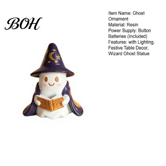 Cute Resin Ghost Statue Lighted Figurine, Wizard with LED Light, Desktop Halloween Ornament Reading Book Night Light for Home Shelf Decor Indoor