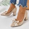 Aphixta Beige Crystal Bow With Letters 7cm Heels Pumps Women Students And Adults Pointed Toe Flock Suede Shoes Plus Size 30-50