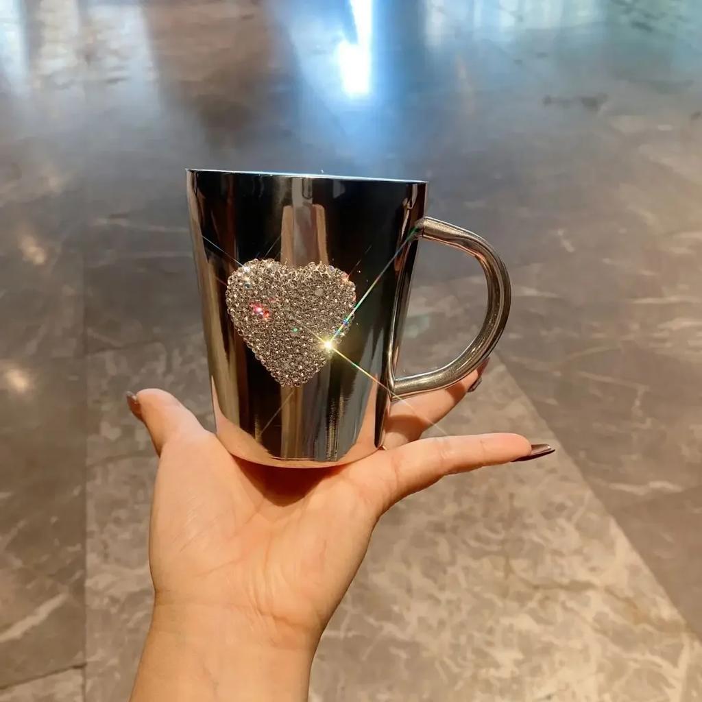 Кружка для кофе Bling Mug Rhinestone Heart с двойными стенками из нержавеющей стали, 300 мл, переносной дорожный стакан, чашка для чая с молоком, кружки для воды