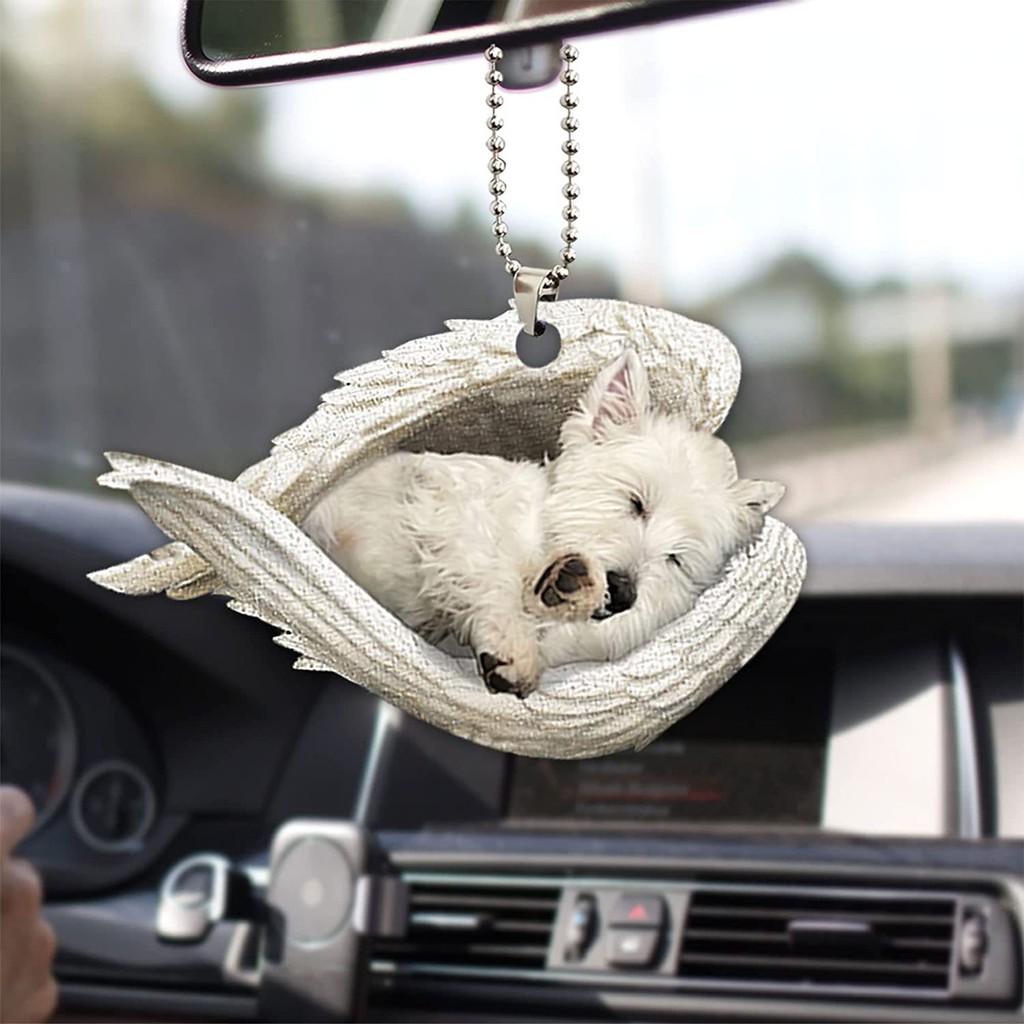 Cute Acrylic Car Mirror Pendant With Angel Wings Perfect For Dog Lovers Gifts